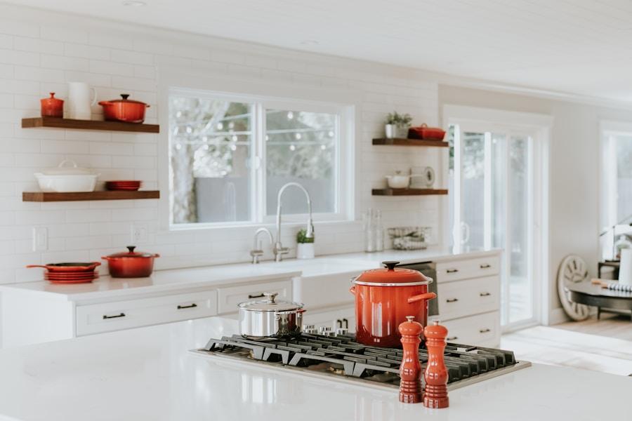 A coordinated serving set arranged in a bright kitchen